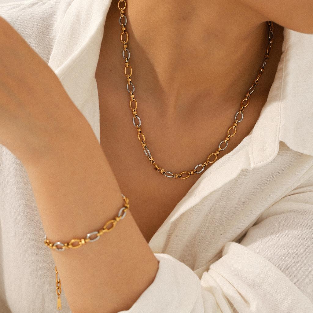 necklace gold and silver color-block spliced cross buckle choker handmade chain titanium steel bracelet high-end jewelry