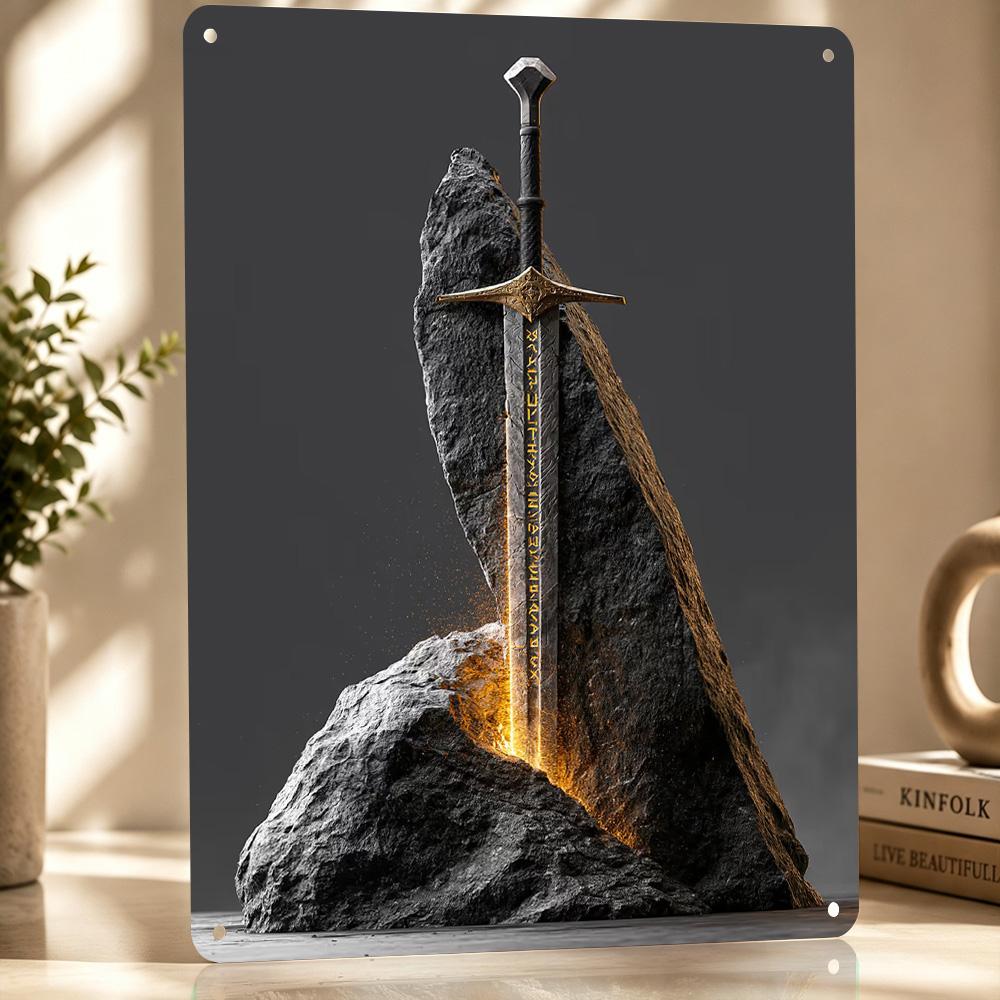 Fantasy Sword In Stone Personalized D Textured Metal Poster Wall Art Tinplate Sign for Decor Living Room Decoration Man Home