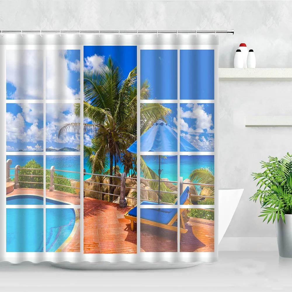 Tropical Landscape Shower Curtain 3D Open Window Ocean Beach Starfish Shell Palm Tree Scenery Waterproof Bathroom Decor Curtains