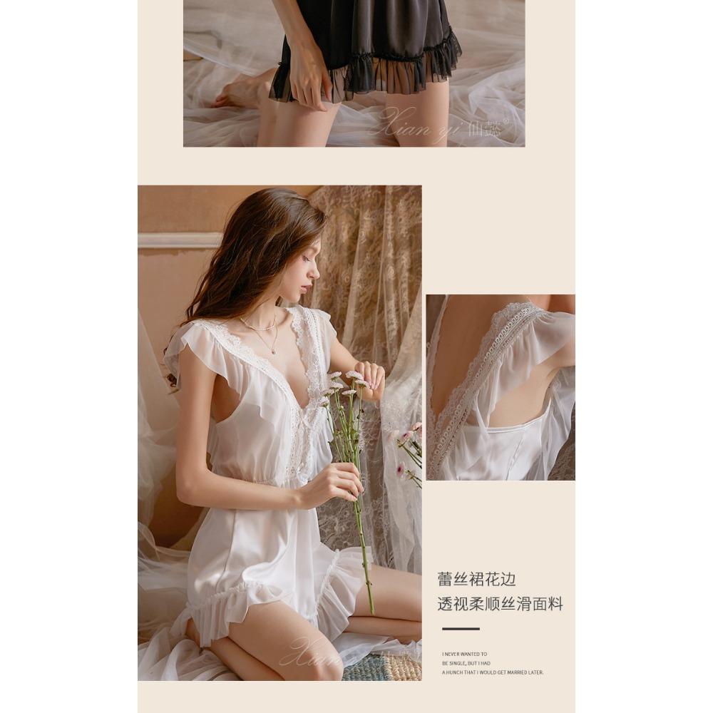 Xianyi Autumn and Winter Sexy Underwear Lace Princess Style Pajamas Women's Deep V Backless Satin Pajamas Loungewear Set 432