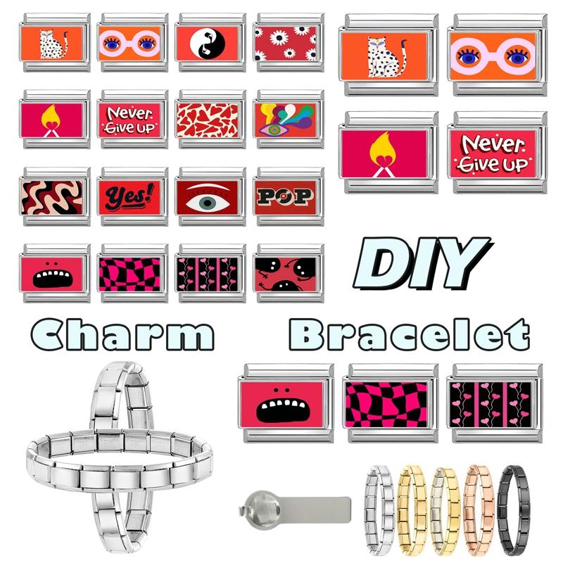 New Creative Tai Chi Cat Eyes Heart Flowers Italian Charm Links Fit 9mm Stainless Steel Bracelet Women Men DIY Making Gifts