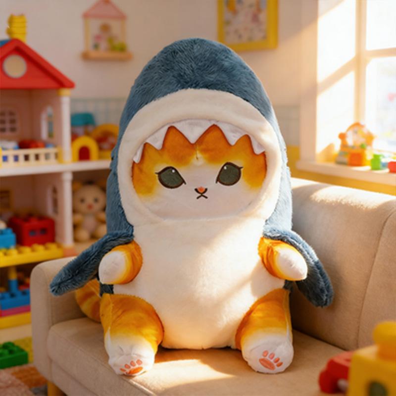 Petit Chat Portant Un Masque de Requin Peluche Animaux en Peluche Mignonne Poupée Peluche Bébé Mini Oreiller Décor Cadeau d'Anniversaire Doux pour Enfants