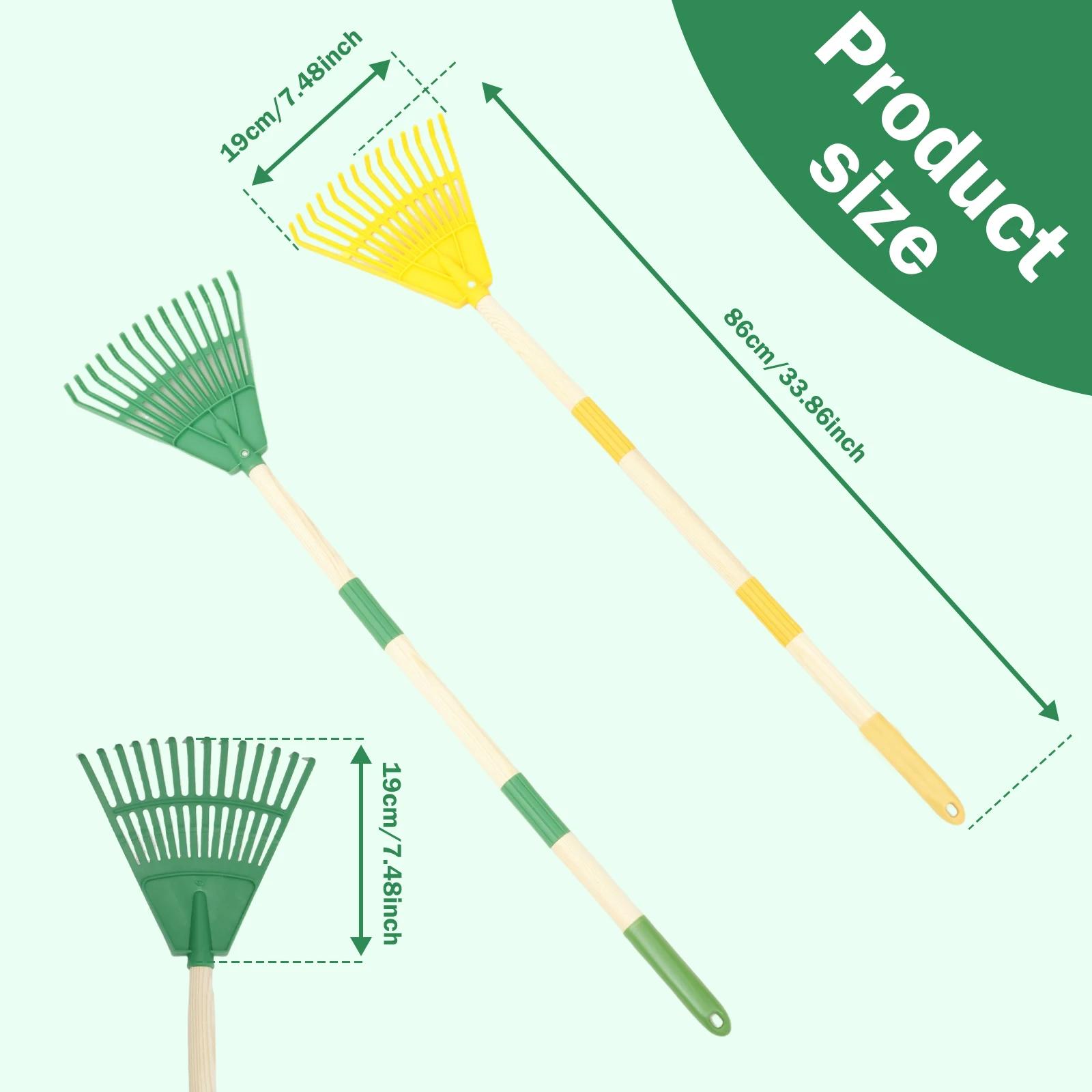 2Pcs Kids Leaf Rake Adjustable Garden Leaves Rakes with 3 Section Removable Handle Gardening Tool Plastic Wood Child Garden Rake