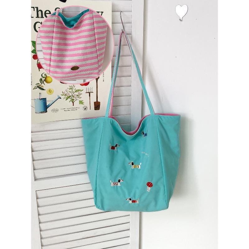 Early spring new dopamine double-sided shoulder bag cute dachshund dog embroidered canvas bag small fresh nylon underarm bag