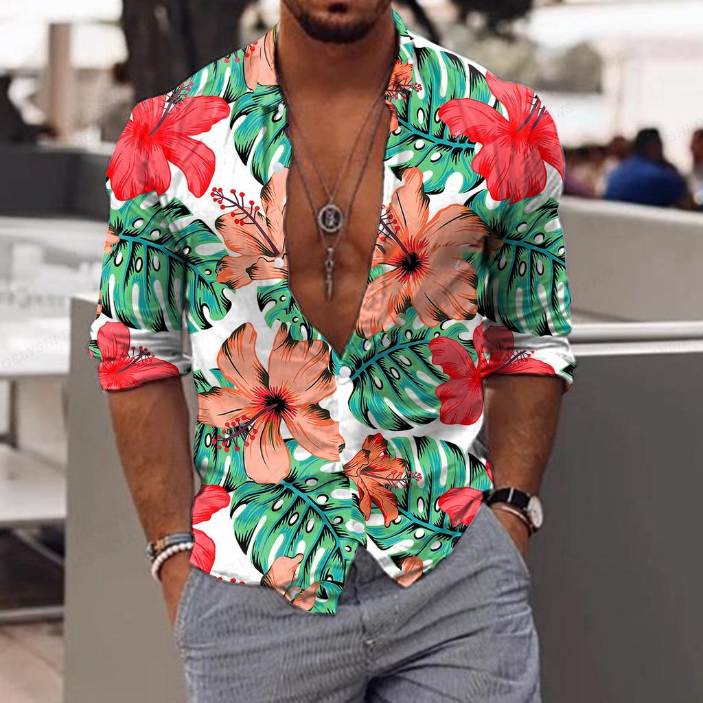 Herren Blumenhemd Tropic Leaf 3D-Druck Hemden Männer Mode Hawaiihemd Lässige Strand Kurzarm Bluse Herren Revershemd Junge