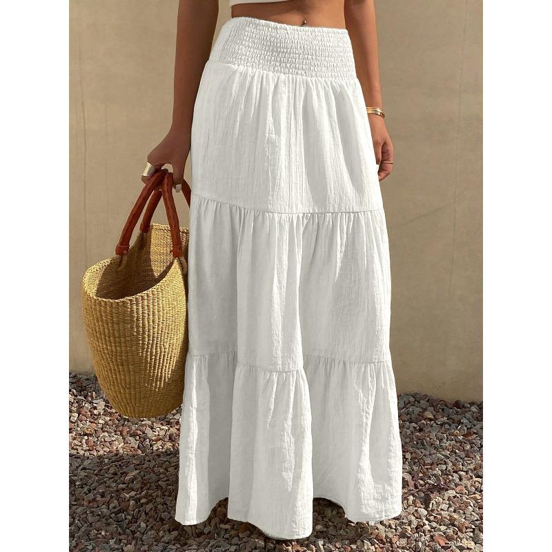 women s Solid Smocked High Waist Tiered Ruffle Maxi Skirt Bohemian Casual Long Skirt S белый