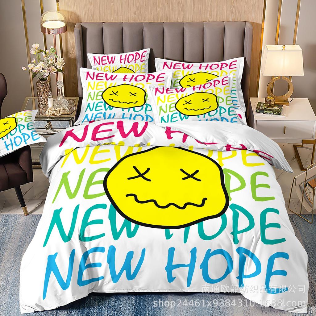 Heiß verkaufte 3D Digitaldruck Hip-Hop Graffiti Smiley Gesicht Bettwäsche Kissenbezug Bettbezug Dreiteiliges Set