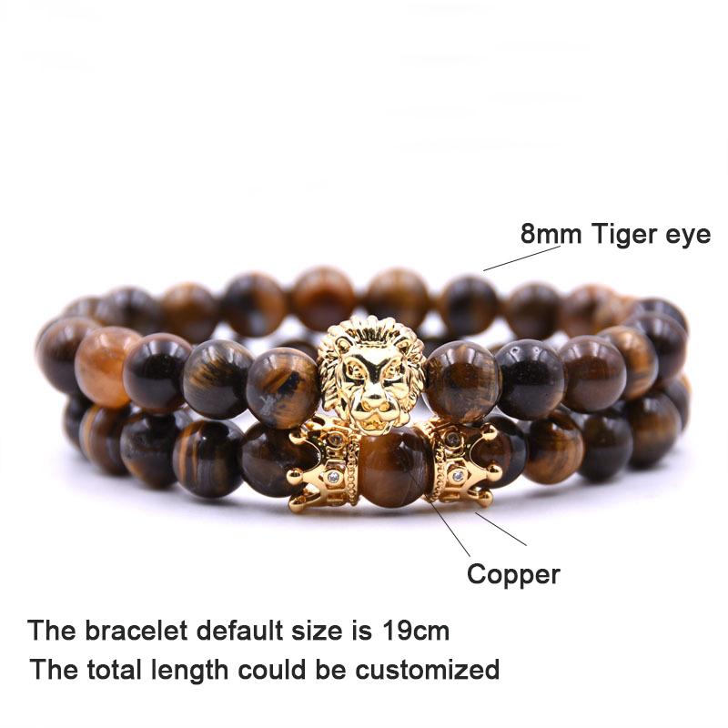Noter 2pcs/set King Lion Bracelets Men Luxury Crown Braslet 8mm Natural Stone Beaded Brazalete Distance Couple Braclet Pulseira