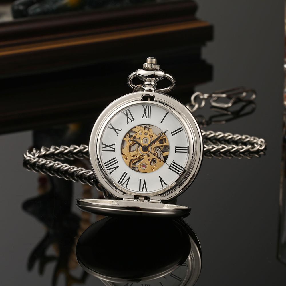 Vintage Double-Lid Polished White Metal Mechanical Pocket Watch - Glossy Student Gift & Commemorative