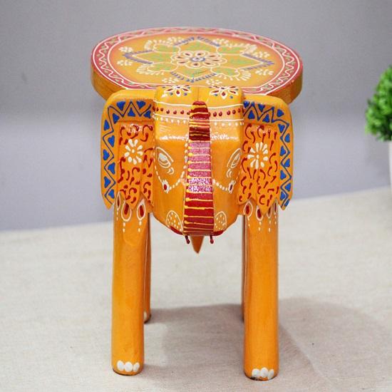 Handcrafted And Emboss Painted Wooden Elephant Stool, Cum Side Table, For Home Office Living Or Bedroom Decor