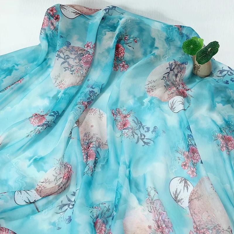 Hedvábný šátek dekorativní 30D Tištěný šifon Inkoustová malba Čínský styl Látka Starobylý kostým Hanfu Sukně Gáza Gázová oděvní látka