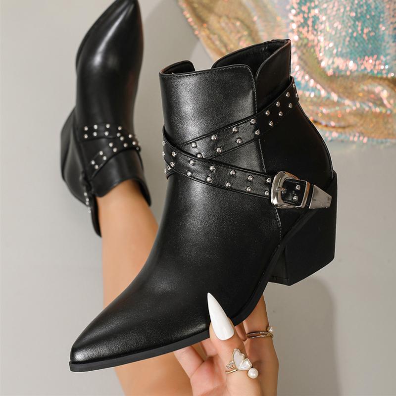 Fashion Liyke Punk Style Mode Nieten Schnalle Riemen Chelsea Stiefeletten Damen Niedrige Dicke Absätze Herbst Winter Schuhe Damen Reißverschluss Kurzer Stiefel