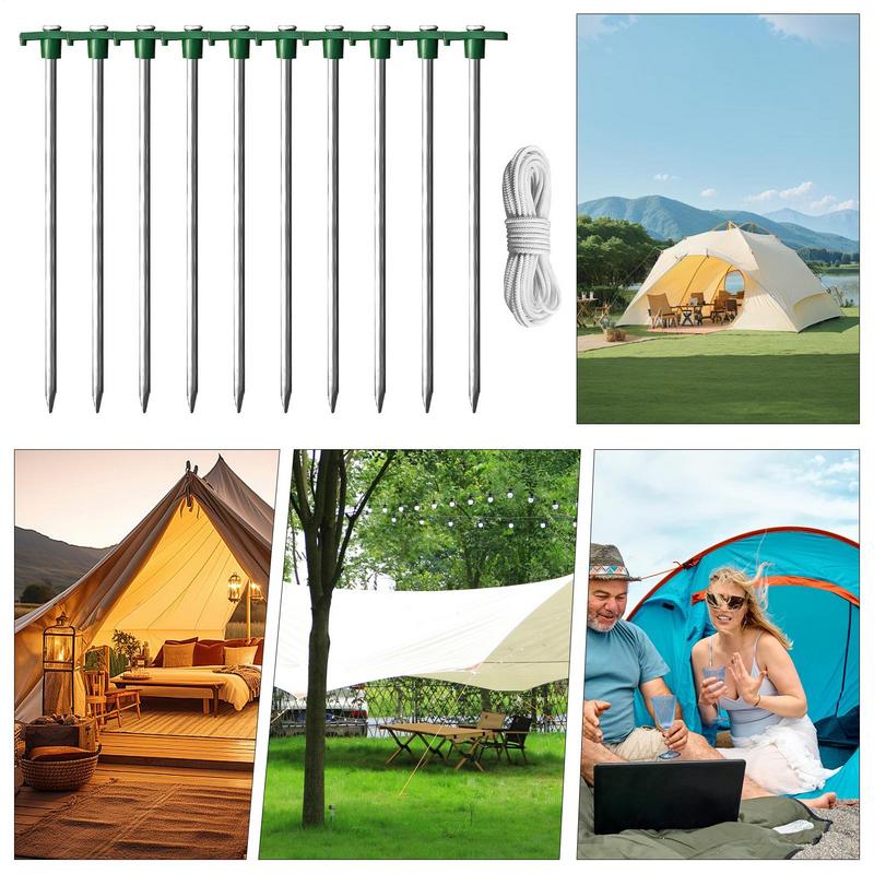 Tent Ground Pegs 10-piece Heavy Duty T-Shaped Pegs With 4 Ropes For Campsite 10.25-Inch Ground Spikes For Camping Backyard Lawn