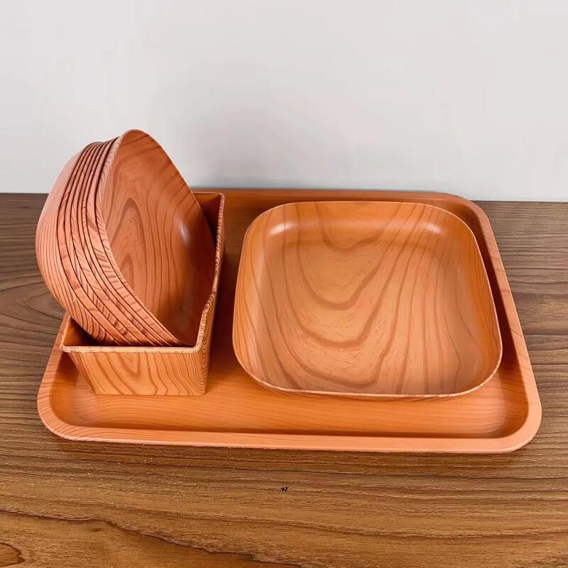 ZISIZ Creative Plastic Wood Grain Dining Tray and Plate Set