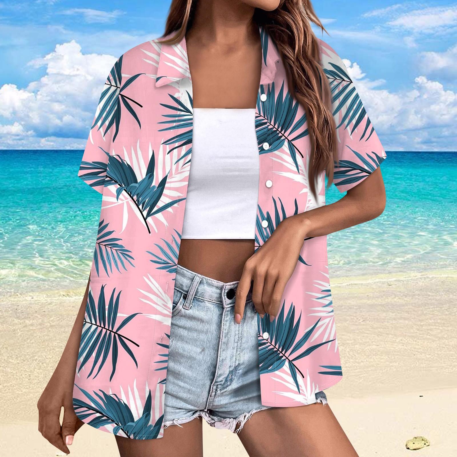 

Женская модная повседневная рубашка с короткими рукавами и лацканами с гавайским деревом, топы S розовый