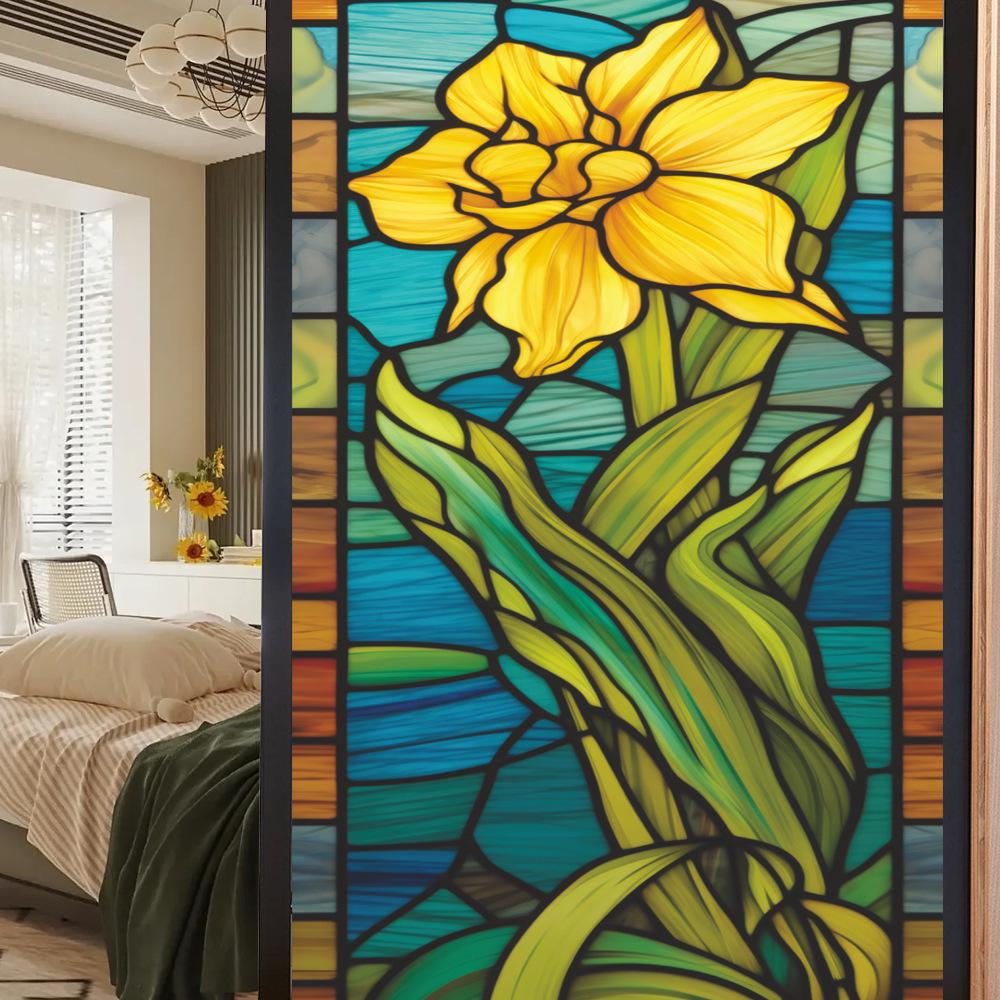 Colorful Retro Floral & Bird Static Cling Window Film - No Glue, Removable