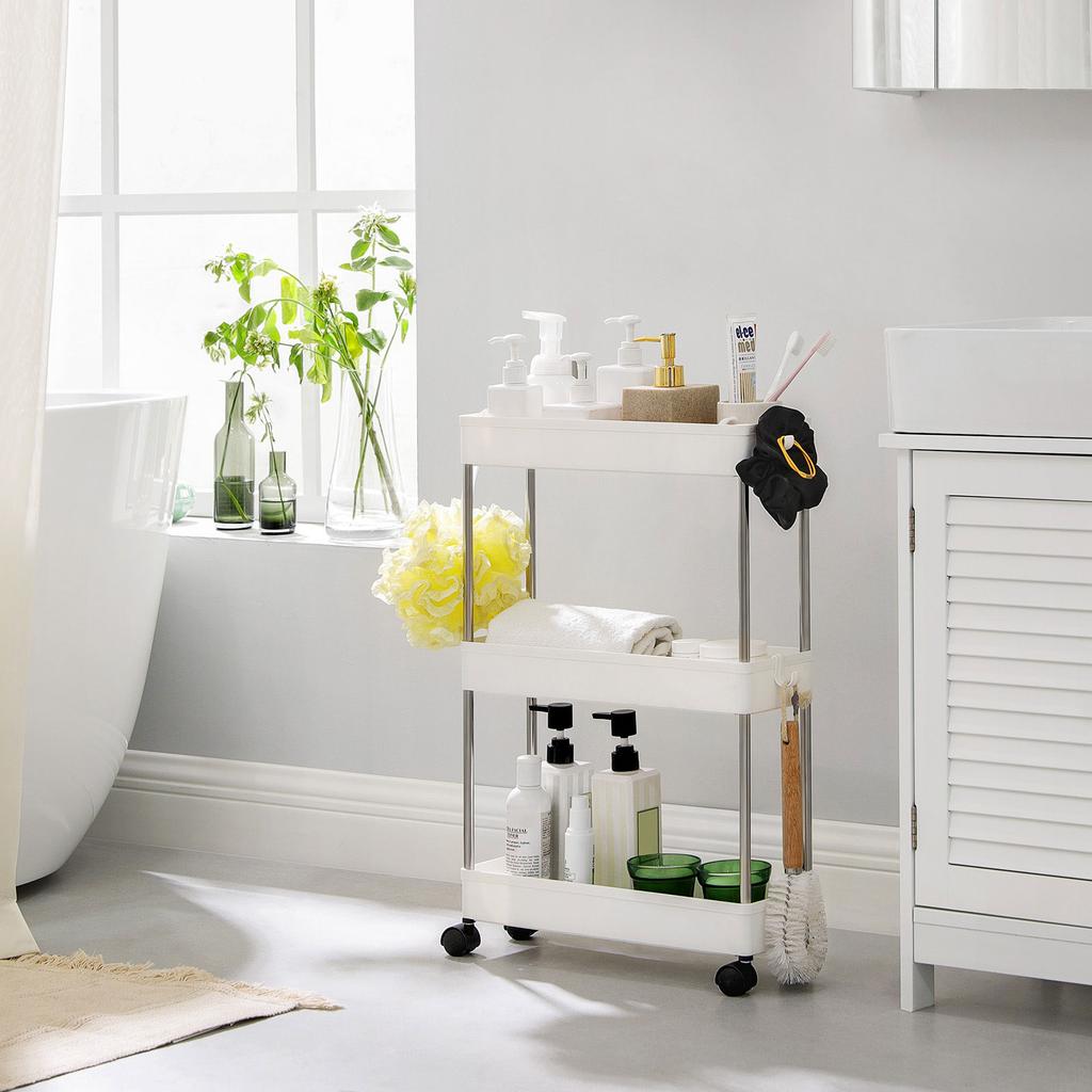 SONGMICS 3-Tier Storage Trolley, Kitchen Trolley on Wheels, Narrow Trolley for Kitchen Bathroom Office or Small Spaces, 42 x 13.5 x 61 cm, White