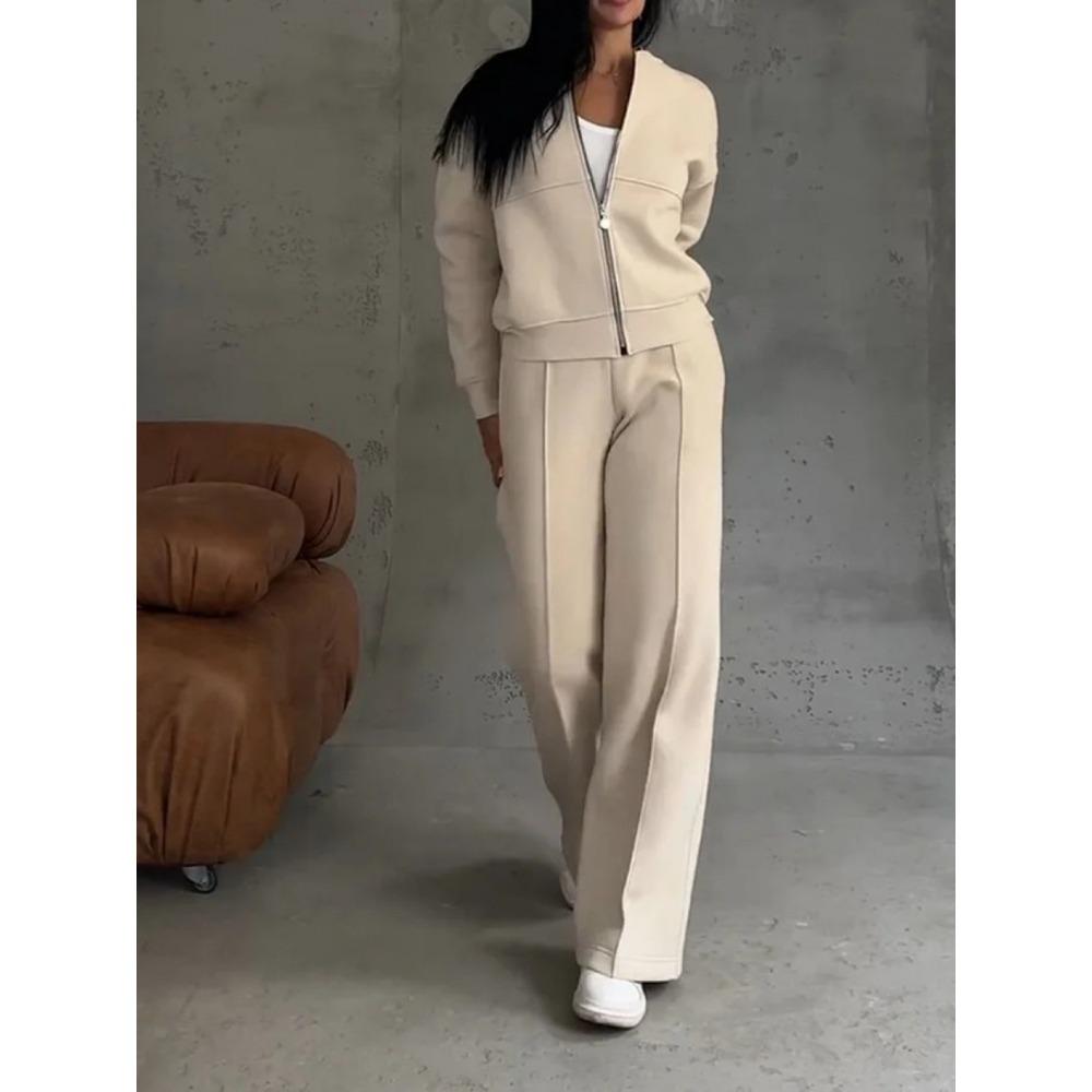 Women's Casual Sports Set Women's Solid Color Sweatshirt Zipper Jacket and Wide-leg Pants Set