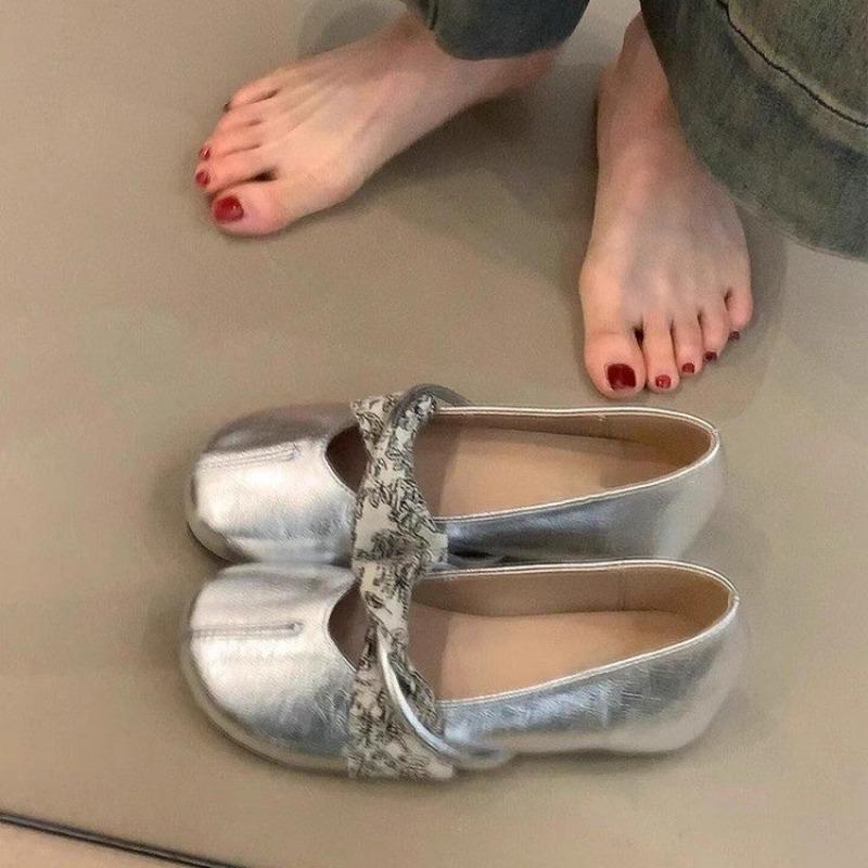 Faux Leather Silver Flat Bottom Inner Height Increase Light Mouth Ballet Single Shoes Women's Versatile Mary Jane Small Leather Shoes