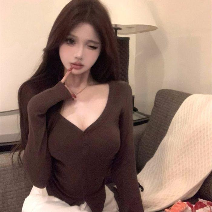 Women's Autumn Hot Girl Grey V-Neck Slim Fit Long-Sleeve Cardigan Top