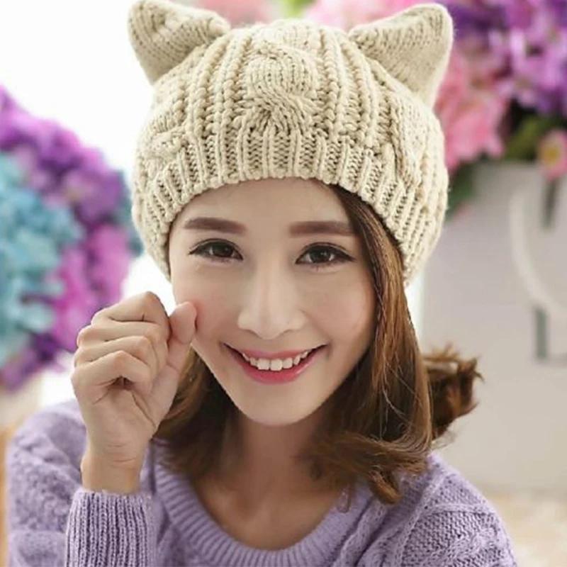 New Lovely Cat Ears Knitted Hat Fashion Women Solid Color Winter Warm Crochet Braided Beanie Hats Casual Girl Kawaii Wool Cap