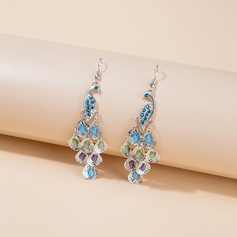 Medium and long fashionable retro big peacock earrings retro fan earrings multi-layer crystal earrings