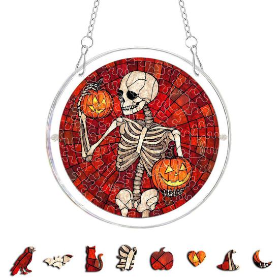 Halloween Acrylic Puzzle Decor 2D Ghost Pumpkin Skeleton Hanging Sign Faux Stained Glass E