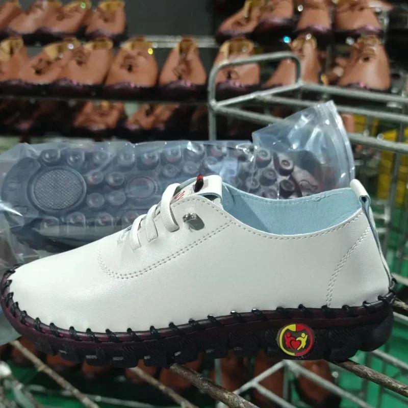 New Women's Handmade Flat Sneakers Comfortable Slip On Lace Up Round Toe Shoes Hand Sewing Thread Mom Shoes Zapatillas De Mujer