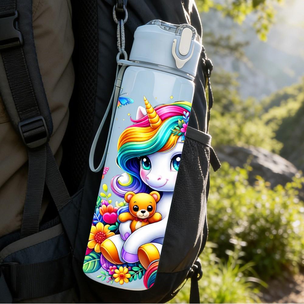1PC Rainbow Unicorn Colorful Fantasy Print 750ml Color Plastic Sports Water Bottle Leakproof Flip Straw Lid Suitable for Sports Office Home Use
