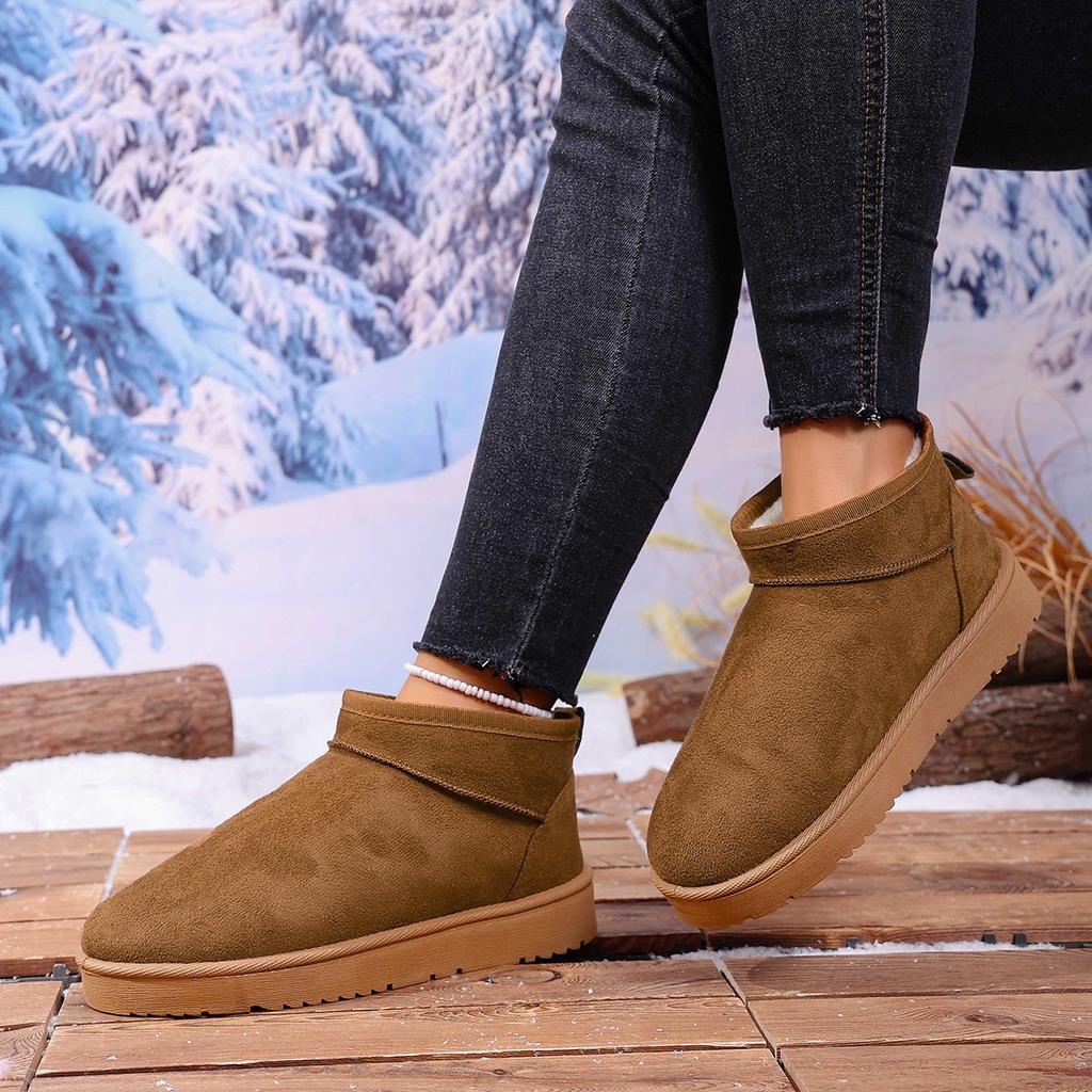 Damen Überweite Kurzflor-Fleece Schneestiefel - Mid-Calf Einfarbig Plateau Winterstiefel, Gemütliche Wasserdichte Stiefeletten