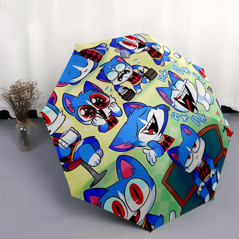 1 Stück Blaue Katze Outdoor-Regenschirm - Automatisches Öffnen/Schließen, Tragbares 3-fach faltbares Design, 8-Speichen-Eisenrahmen, Perfektes Geschenk für Fans, Reisende, Tägliche Nutzung.N048