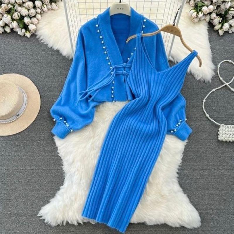 

Вязаный кардиган со шнуровкой и бусинами в стиле ленивой моды, женский свитер, куртка, утягивающее платье-комбинезон, комплект из двух предметов, плотный One Size синий