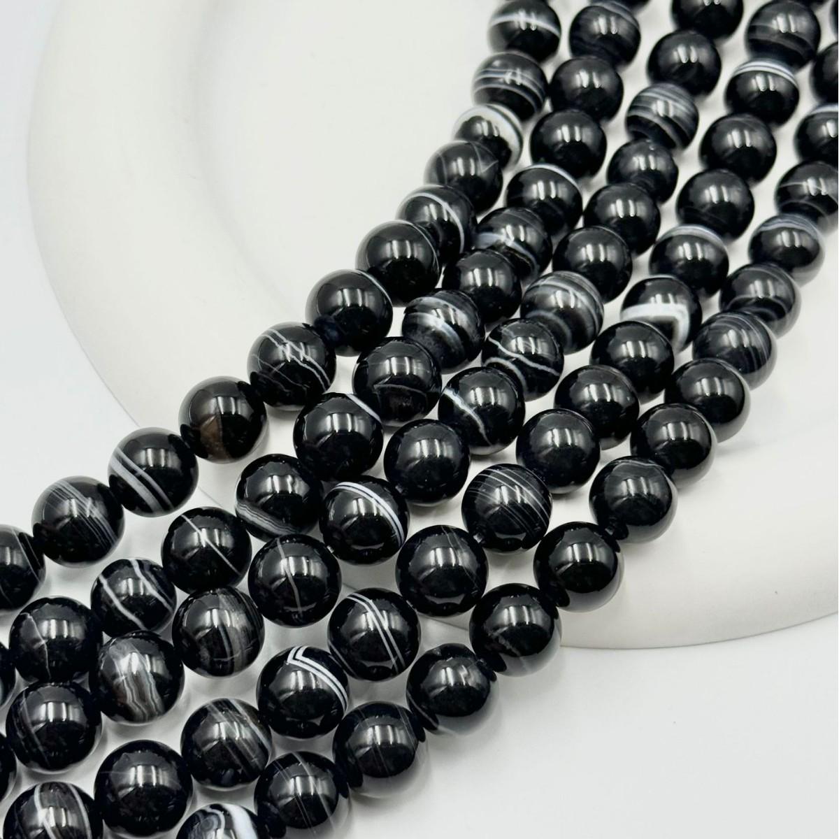 Baroque Twist Black Agate Round Striped Beads for DIY Bracelets  Necklaces with Meander Pattern 5MM (approx. 75 beads) чёрный