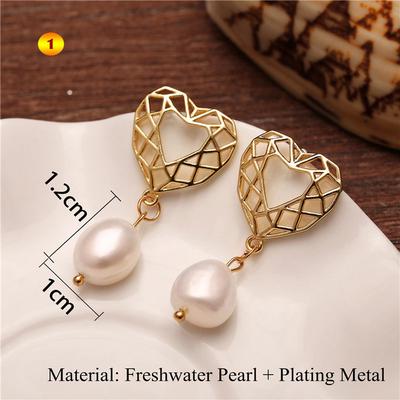 Women Fashion Geometric Freshwater Pearl Drop Earrings Handmade Gold Color Hollow-out Earring