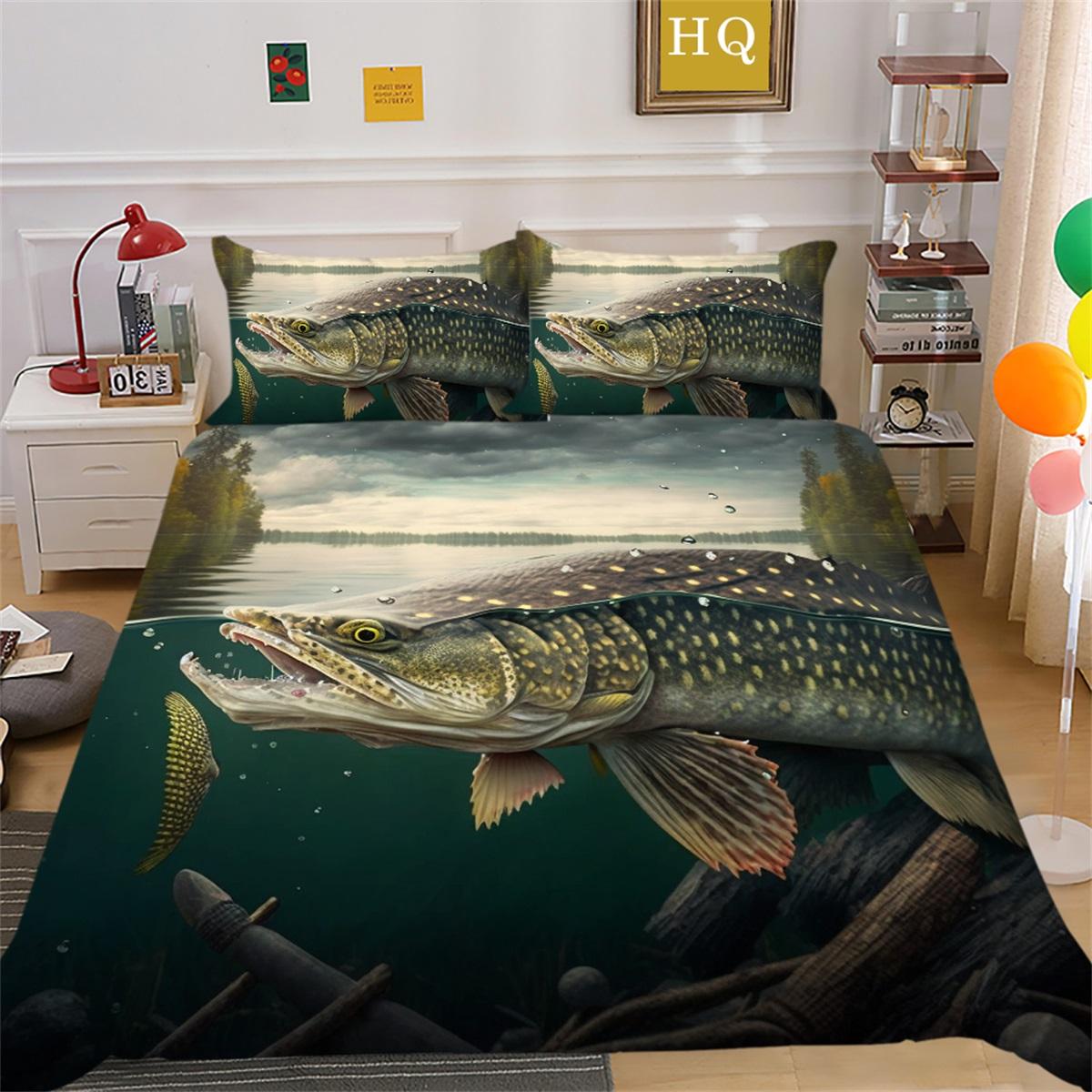 

3D Fishing Pattern Bedding Set Big Fish Print Quilt Cover Pillowcase 2/3 Piece Microfiber Fabric Full Size Home Decoration Home Gift Baby 100x135cm