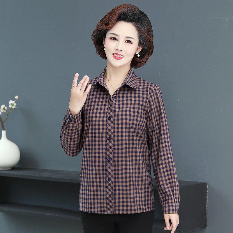 2026 Spring/Autumn Plaid Cotton Long-Sleeve Cardigan Shirt for Middle-Aged Women