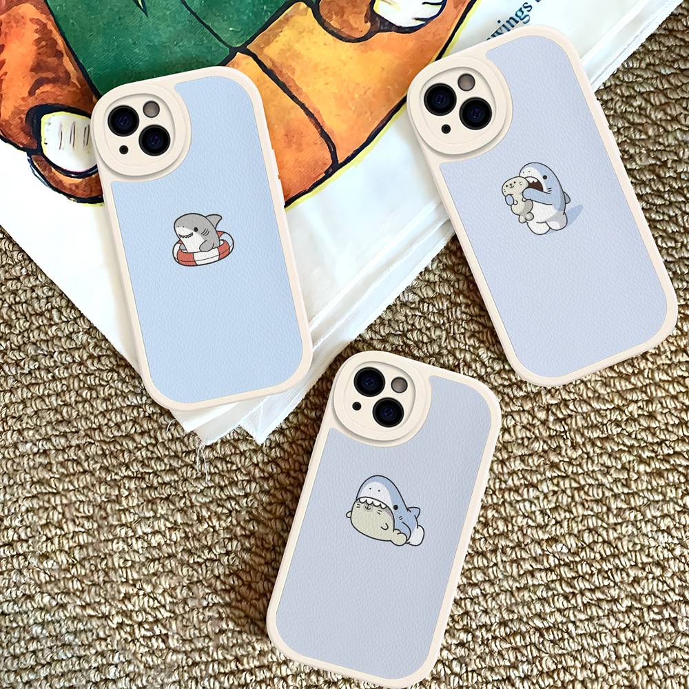 Cute anime Shark Leather Phone Case For iPhone 16 15 14 17 Pro Max 11 12 Mini Plus Soft Shell