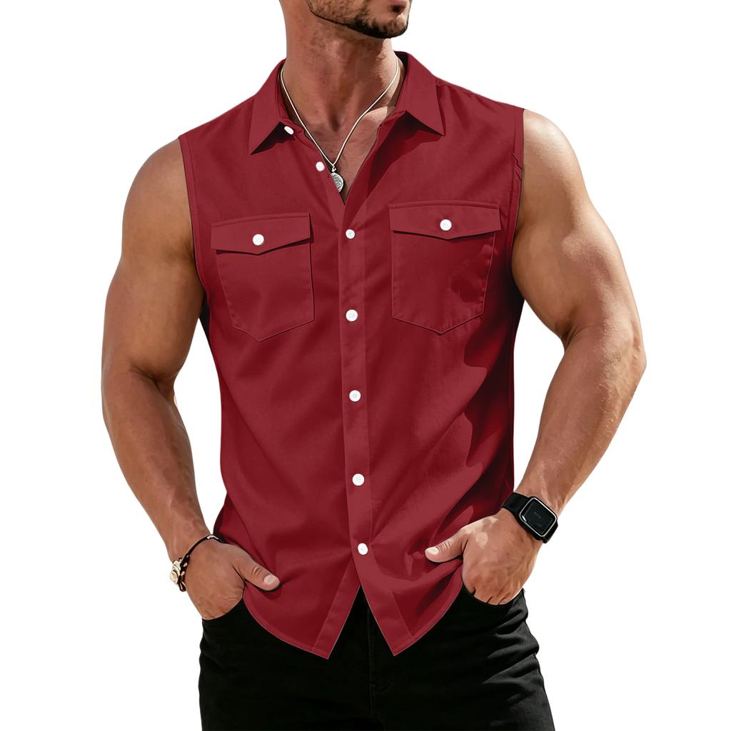 Men's Workwear Lapel Button-Down Vest Shirt - Lightweight Sleeveless Top