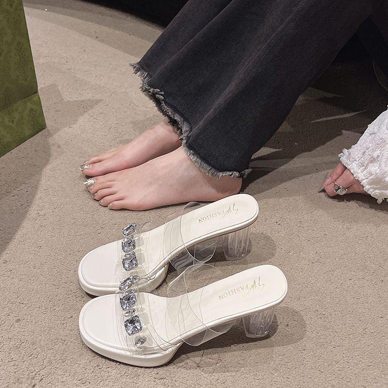 Crystal thick heel waterproof table transparent high heels with diamond slippers car show model catwalk night sandals 2025 new
