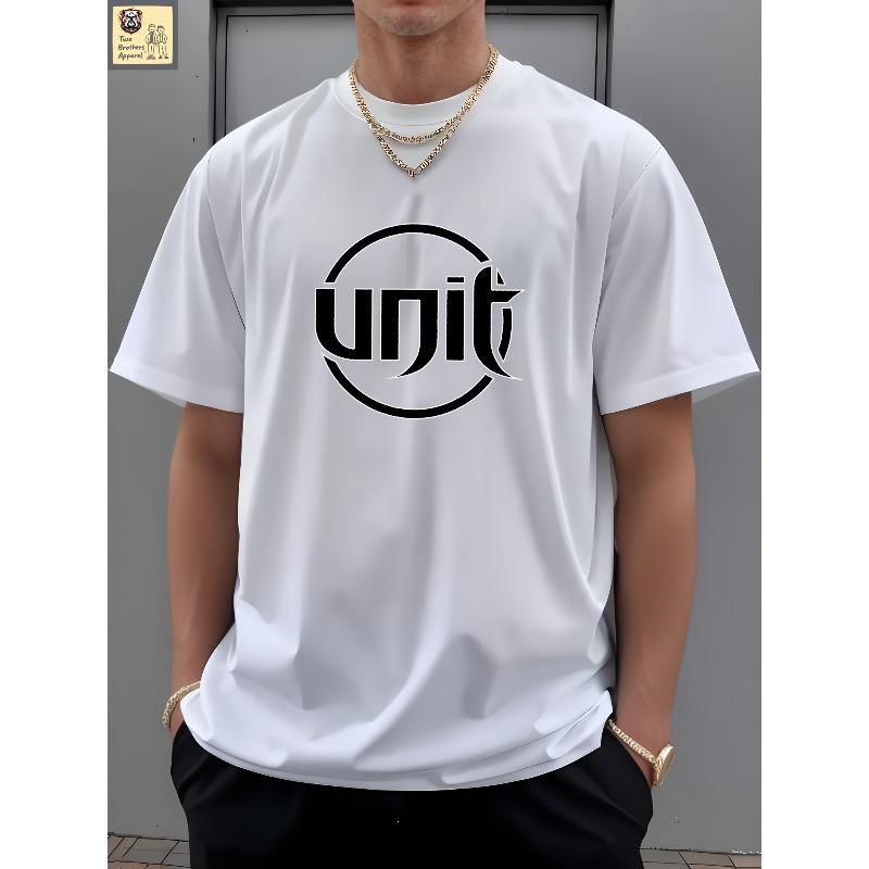 European sizes Men's Minimalist Letter Print T-Shirt, Slight Stretch Short Sleeve, Summer Outdoor Casual Attire - Machine Washable