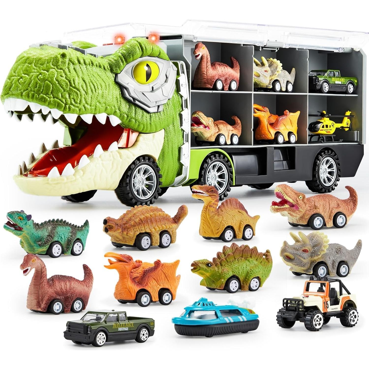 

JOYFY 13 in 1 Dinosaur Transport Truck Toys with 12 Pull Back Cars Small Cars Set for 3+ Years Boy Birthday Christmas Gifts Toys