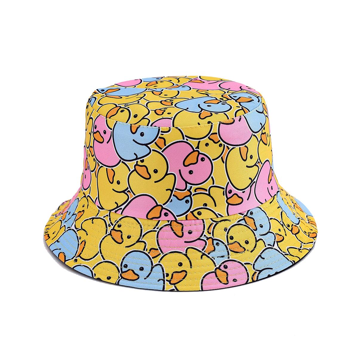 Chapeau seau décontracté à imprimé intégral canard tendance, Chapeau seau à motif dessin animé, Chapeau pliable réversible léger à dessus plat, Chapeau de soleil décontracté unisexe (as the picture,One Size) pink