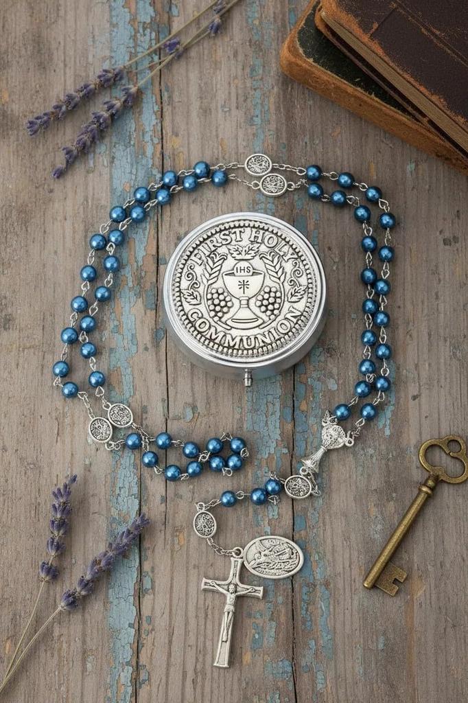 Nazareth Store 8mm Pearl Bead Rosary Necklace with Saint Michael Medal & Grail Centerpiece, Holy Communion Rosary, 8mm, Glass Pearl, No Gemstones