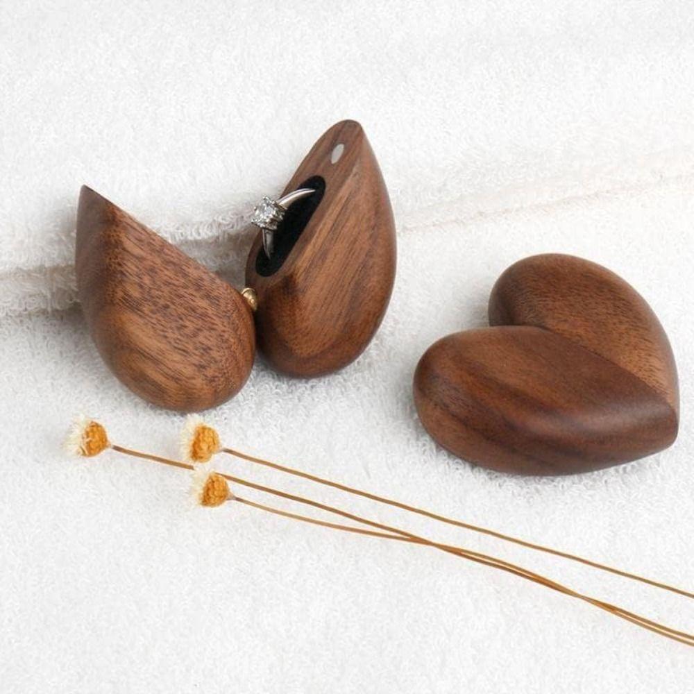 Walnut Wood Proposal Ring Case Heart Shaped Jewelry Organizer Box Gifts Wooden Ring Box  Birthday