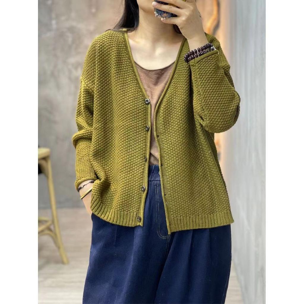 Retro Style Sweater Jacket for Women Spring and Autumn New Style V-neck Loose Knit Cardigan Casual Top