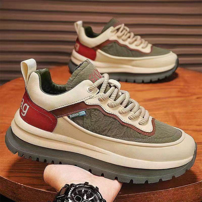 Thick-soled Travel Men's Shoes, Black Leather Surface Men's Running Anti-slip Sports Single Shoes M350