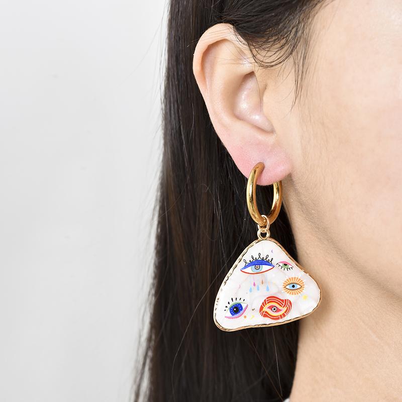 Trendy Colorful Eye Heart Star Moon Pattern Stainless Steel Hoop Earrings Woman Big Vintage Statement Geometric Enamel Jewelry