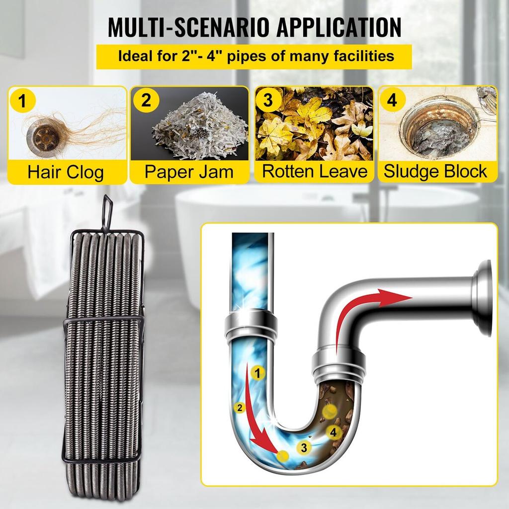 Drain Cleaning Cable 50 Feet X 3/8 Inch Solid Core Cable Sewer Cable Drain Auger Cable Cleaner Snake Clog Pipe Drain Cleaning Cable Sewer Drain Auger