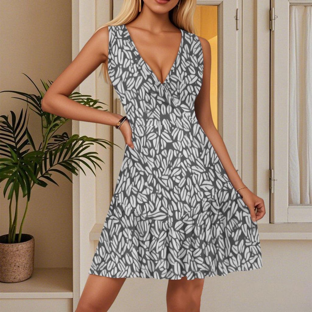 Women's Summer Dress V Neck Sleeveless Casual Floral Print Hem Pleated Dress