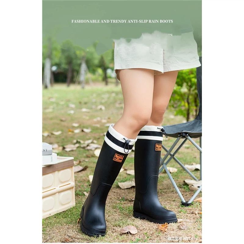 Women's Outdoor High Tube Rain Boots Waterproof Non Slip Drawstring Rain Shoes Adult Wear Resistant Rubber Shoes